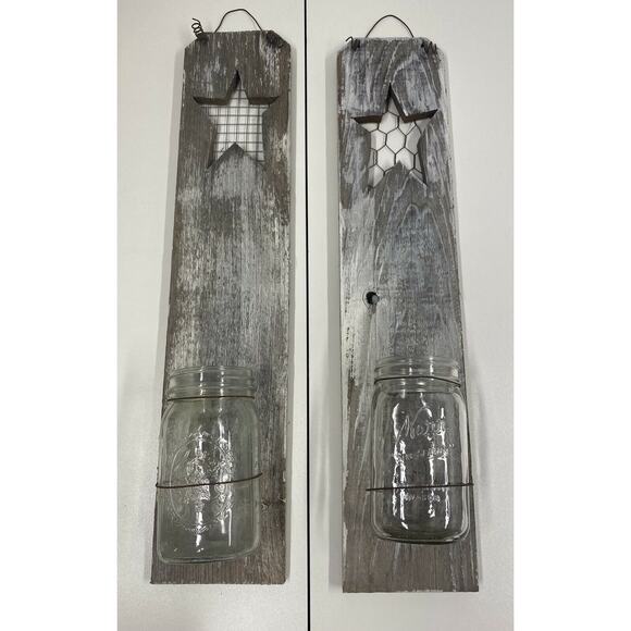 Set of Large 26" Wood farmhouse Barn Art wall hanging rustic mason jar sconces - Picture 6 of 9